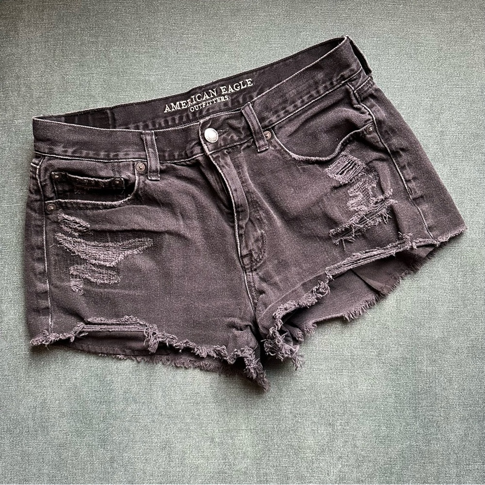 American Eagle Outfitters Black Jean Shorts Distressed Hi-rise Festival 6